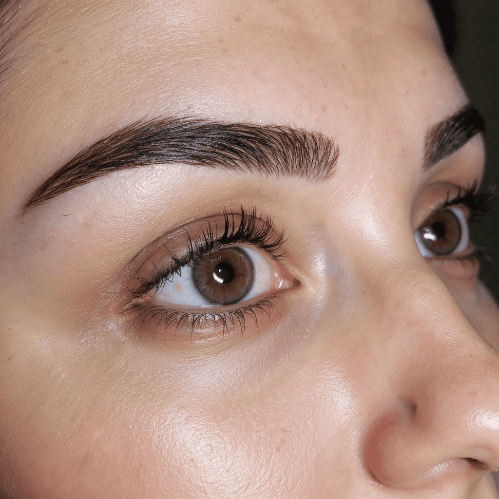 Primer plano de cejas híbridas ultra realistas con trazos precisos de microblading y vello natural, destacando una textura intrincada, tonos de piel realistas y sombreado delicado bajo iluminación natural, ideal para temas de belleza y diseño de cejas